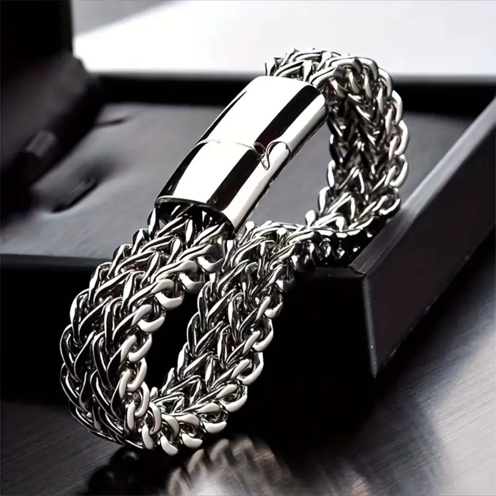 Men’s Double Layer Silver Stainless Steel Bracelet! - Picture 5 of 8